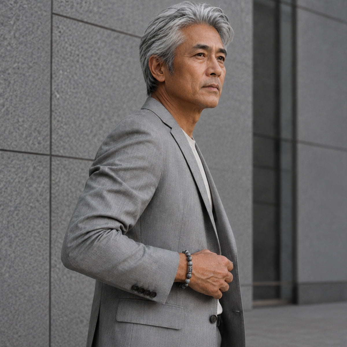ジャケットに合わせたスノーフレークオブシディアンブレスレット
